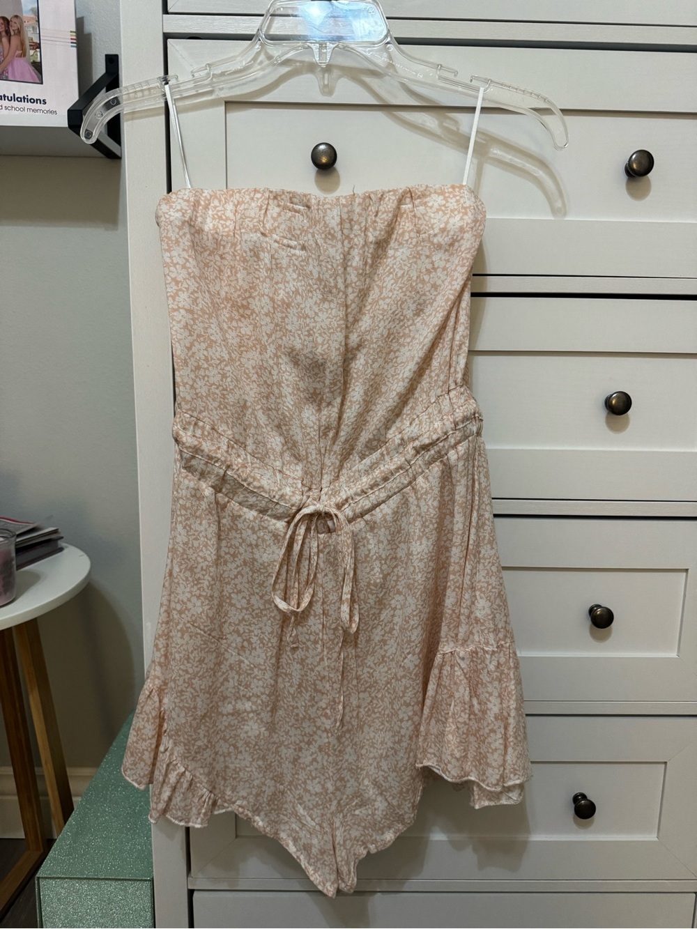 Strapless Beige Floral Romper with Tie Waist